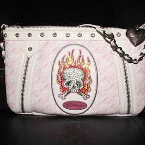Ed Hardy White and Pink Skull Studded Shoulder Bag